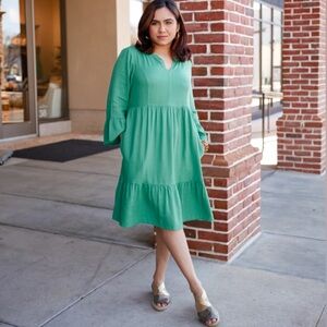 J. Jill Jardin Fern Linen Blend Tiered V-neck Midi Dress in Green 2X